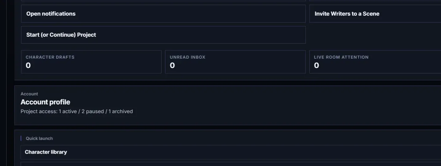 URS dashboard with project shortcuts, character drafts, inbox status, and room activity