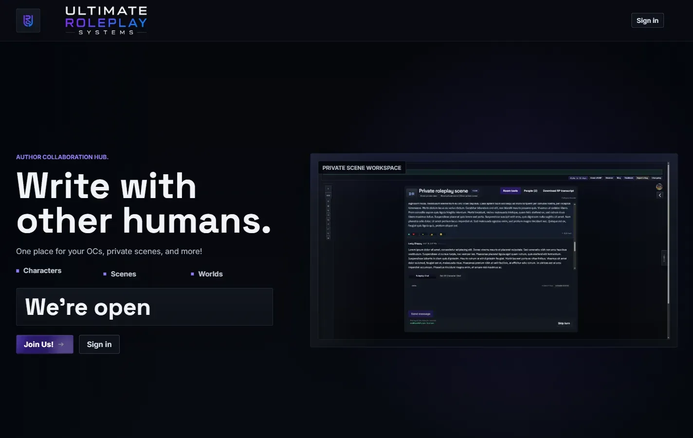 URS homepage presenting its collaborative writing and private scene workspace