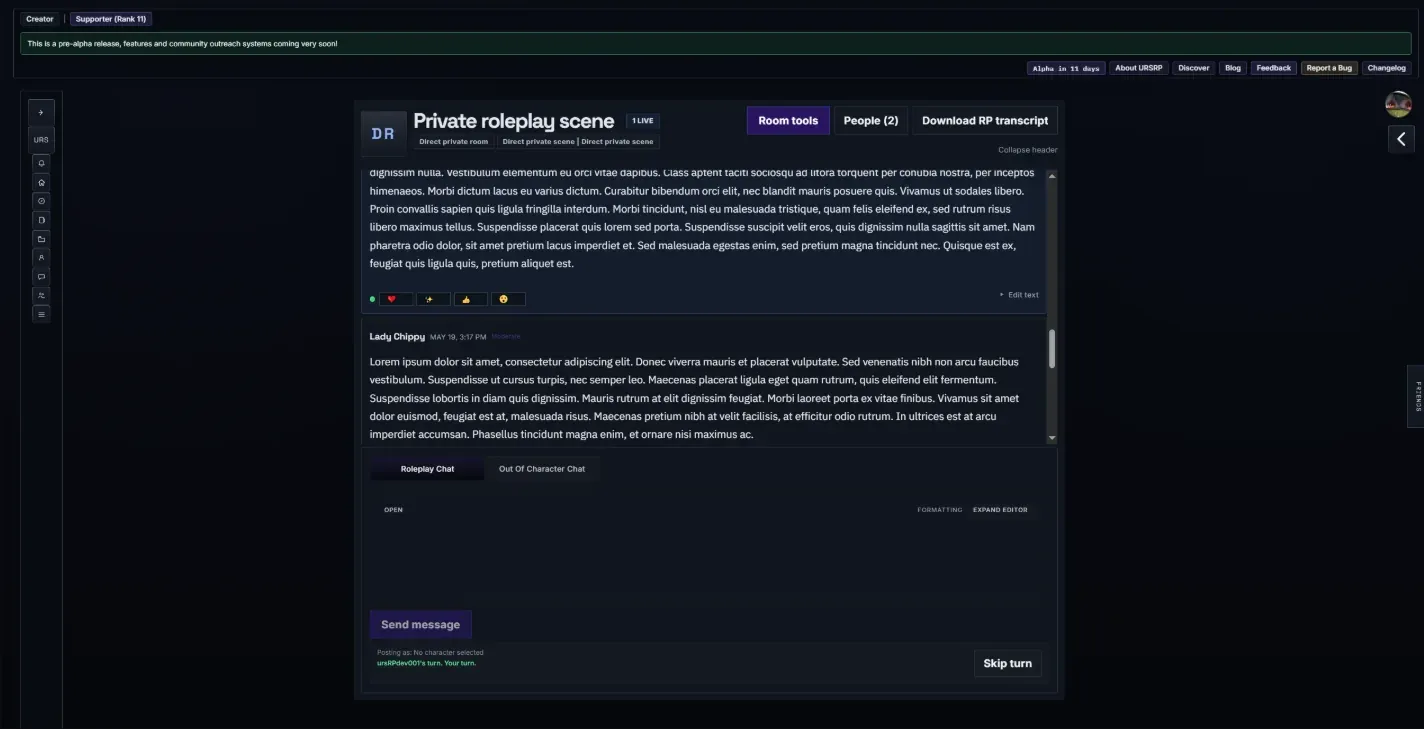 A private URS roleplay room with the scene transcript, writing composer, reactions, and room controls